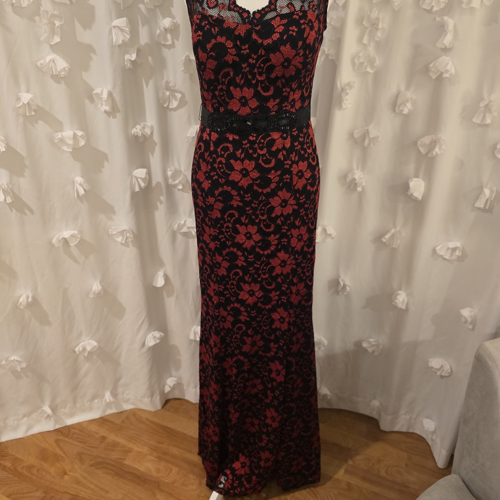Betsy & Adam Black and Red Floral Lace Maxi Dress